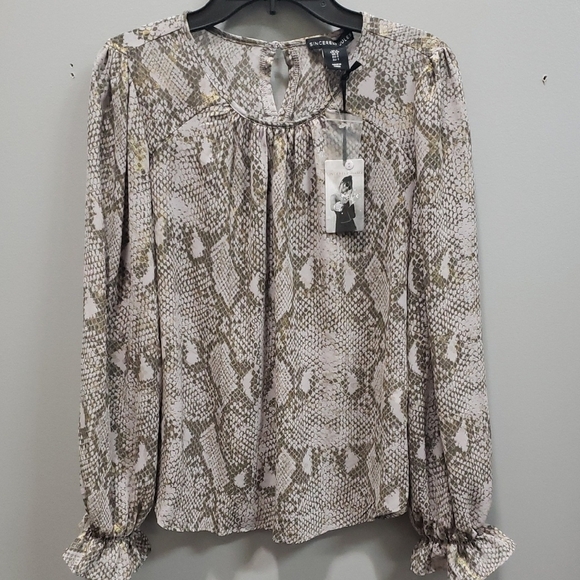 Sincerely Jules NWT Taupe, Brown and Gold Shimmer Ruffled Puff Sleeve Blouse - Picture 1 of 7